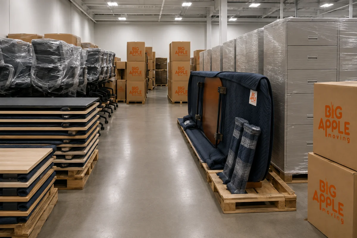 Office furniture stored in Big Apple Moving commercial storage