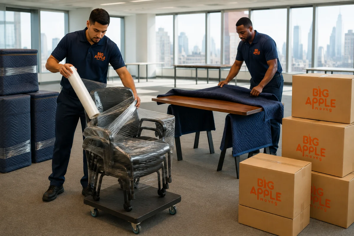 Big Apple Moving crew preparing office furniture for storage in New York City