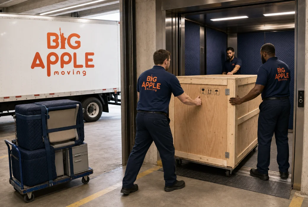 A Big Apple Moving crew loading office equipment into a padded freight elevator at a commercial building loading dock with a branded truck behind