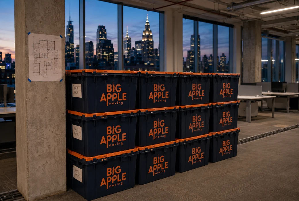 Stacks of labelled Big Apple Moving crates in an empty open-plan New York office at dusk with a floor plan taped to a concrete pillar and the skyline behind