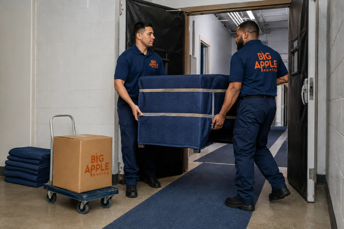 Big Apple Moving crew carrying a wrapped item through a New York City building entrance