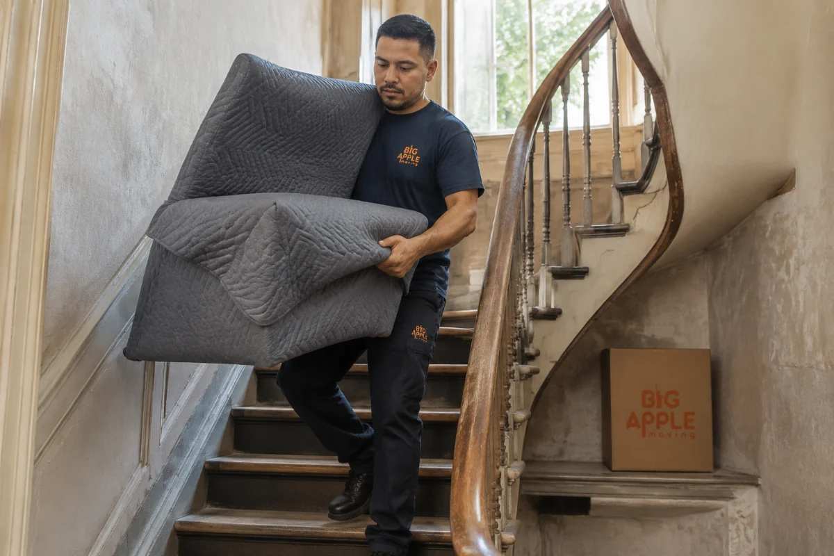 Mover carrying a wrapped sofa down a narrow Park Slope staircase
