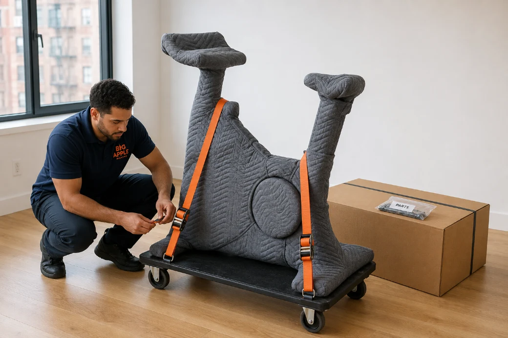 A Peloton bike with the screen removed, blanket-wrapped and strapped to a moving dolly by a Big Apple Moving mover