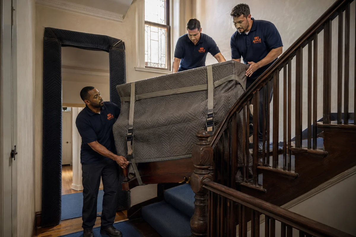 Movers guiding an upright piano down an interior staircase in New York