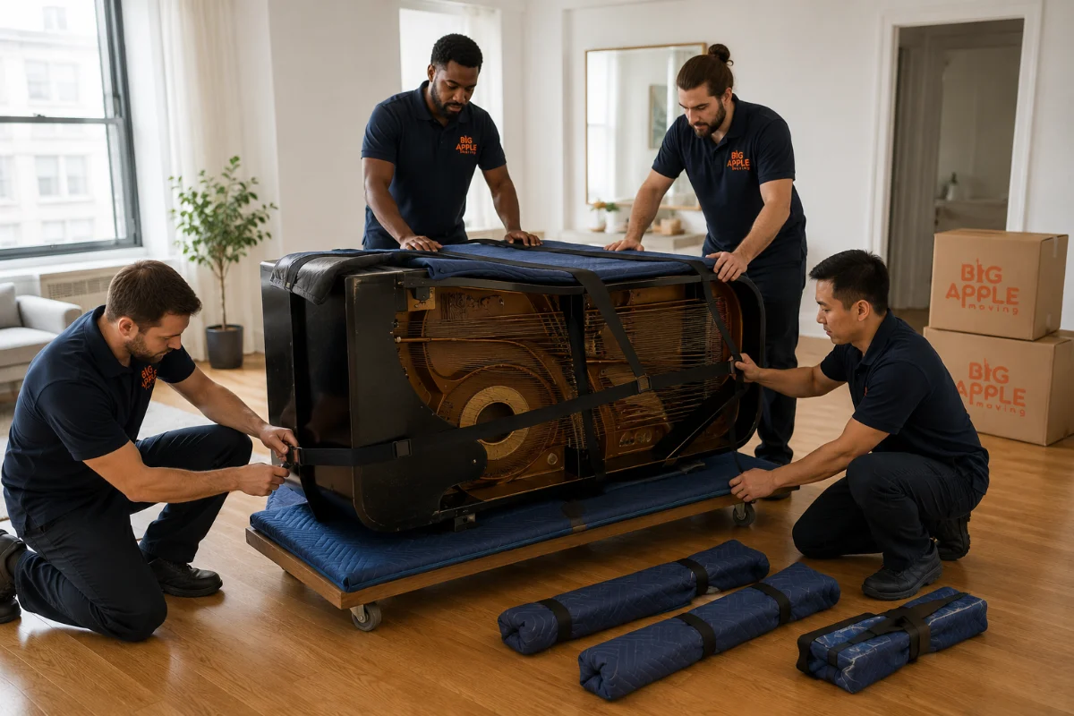 Movers moving an upright piano on a dolly inside a New York apartment