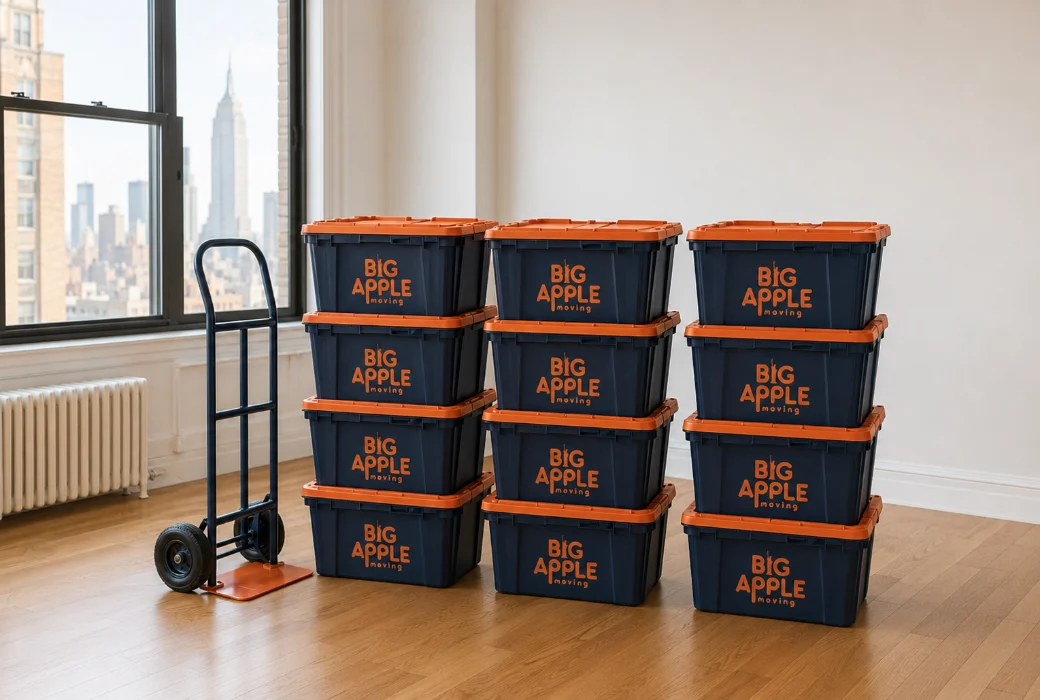 Twelve navy Big Apple Moving plastic moving bins with orange lids stacked beside a hand truck in an empty New York City apartment with a skyline view