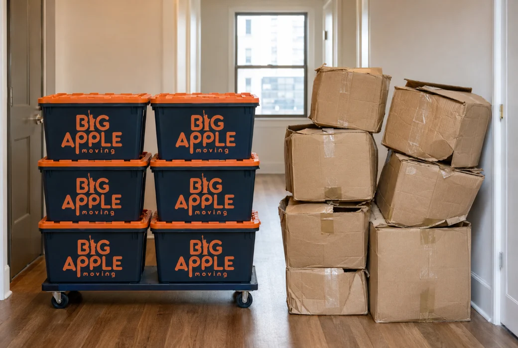 Six sealed Big Apple Moving plastic bins stacked square on a dolly next to an untidy pile of brown cardboard moving boxes in an apartment hallway