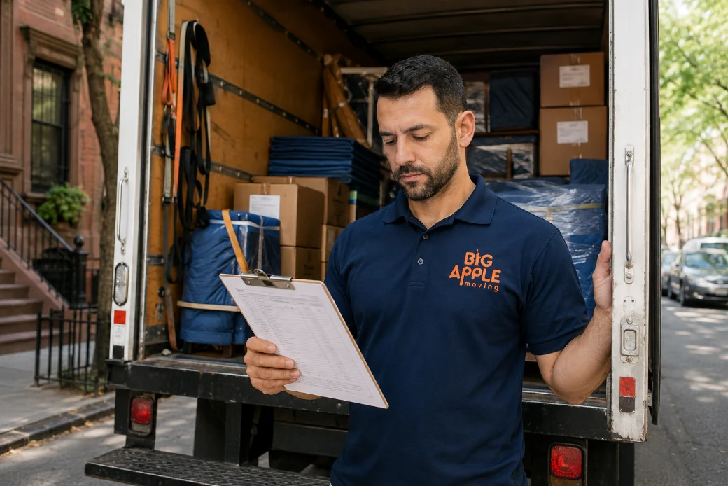 A Big Apple Moving crew leader checking a job sheet on a clipboard beside a loaded truck on a New York street