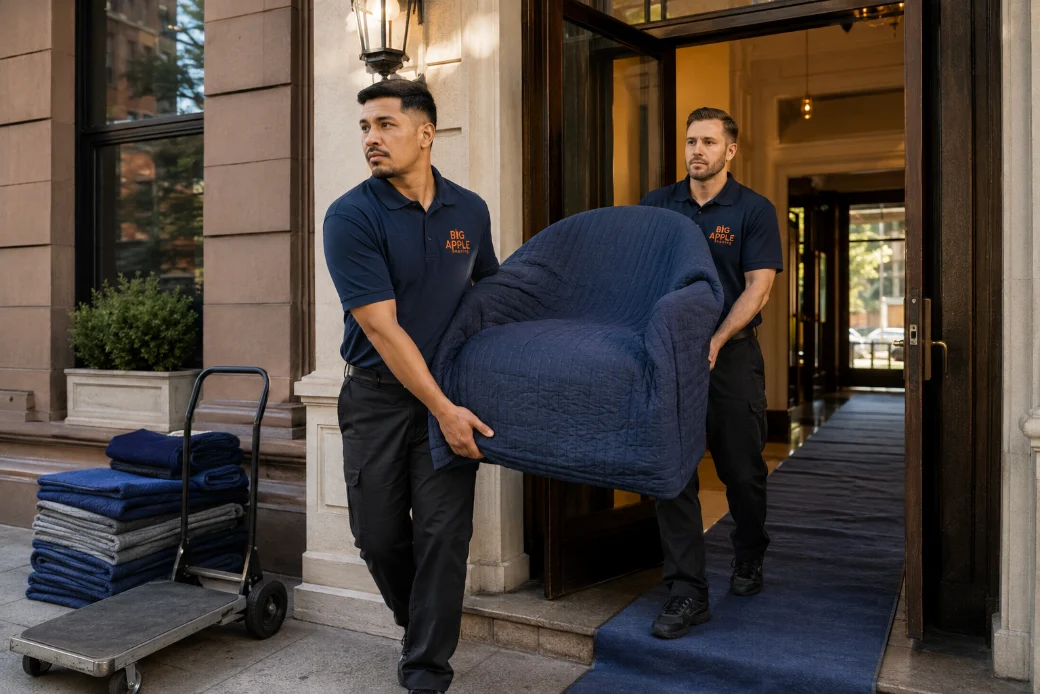 Two Big Apple Moving crew members carrying a blanket-wrapped armchair out of a New York apartment building entrance in early morning light
