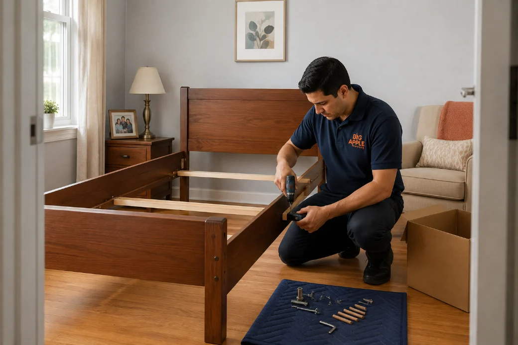 A Big Apple Moving crew member reassembling a wooden bed frame in a small bright apartment