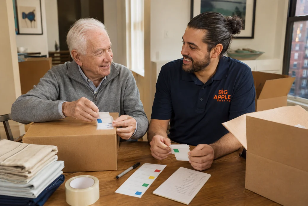 An older man and a Big Apple Moving crew member labelling cartons together at a dining table in a New York apartment