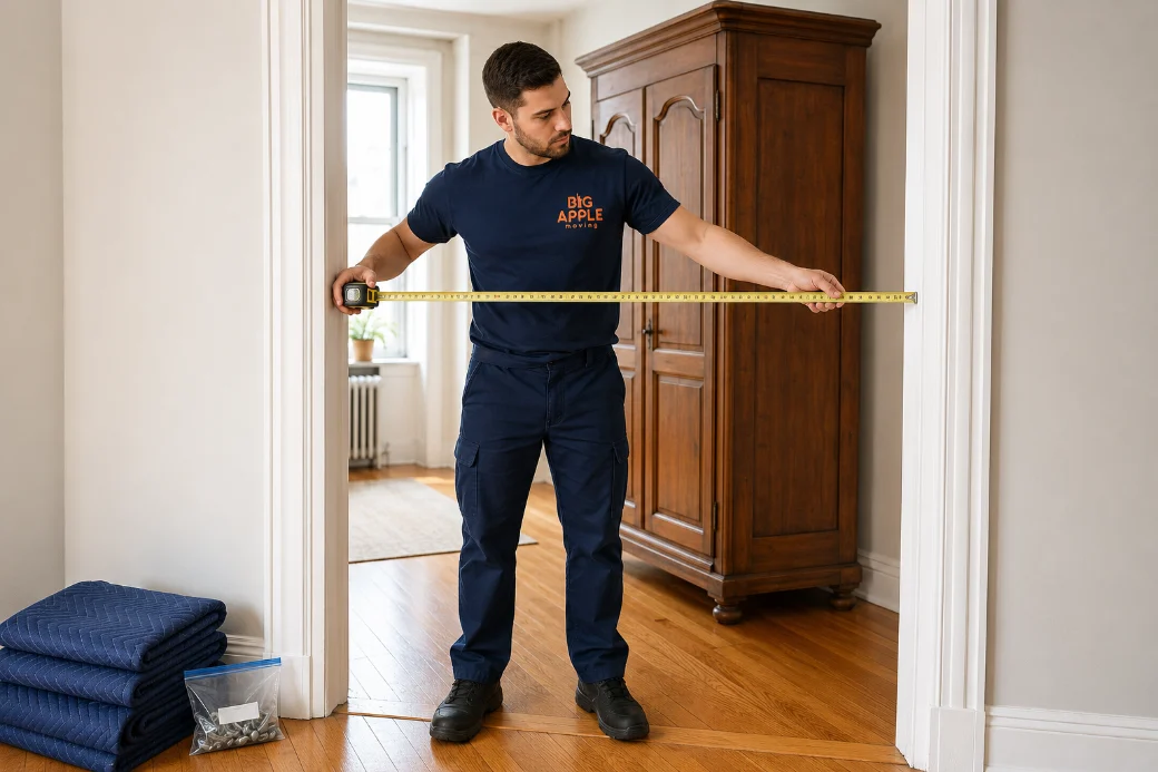 Mover measuring a doorway before moving a single large furniture piece in NYC