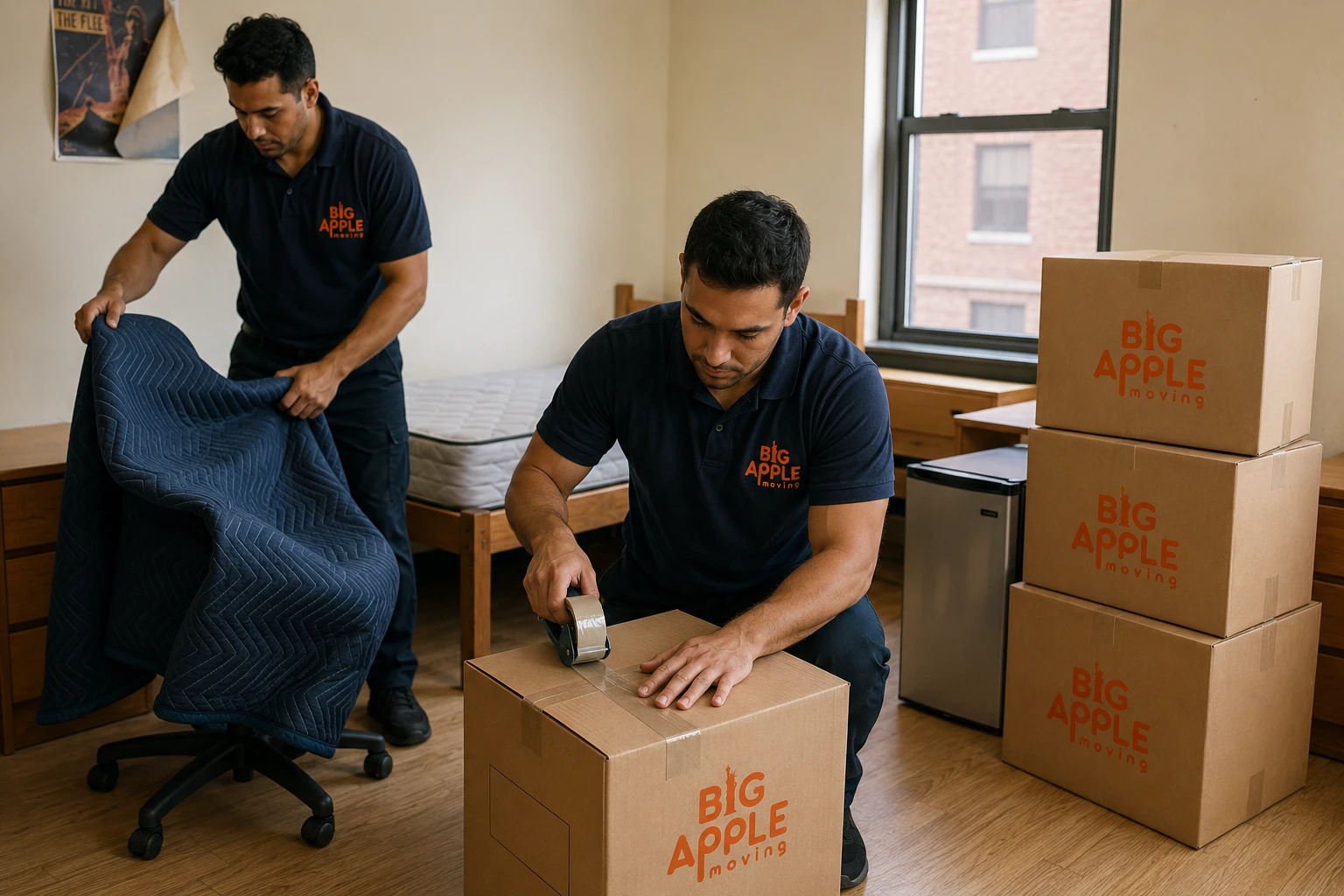 Big Apple Moving crew wrapping and boxing a student’s belongings in a New York dorm room for summer storage