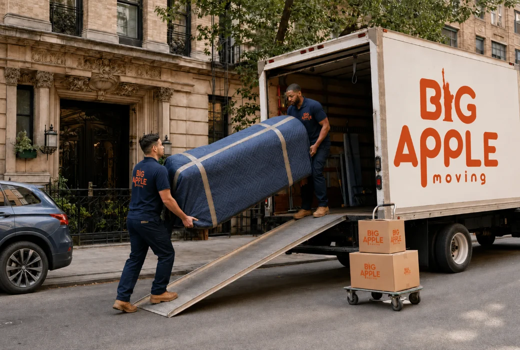Two Big Apple Moving movers loading a blanket-wrapped sofa up the ramp of a branded truck on a New York City street
