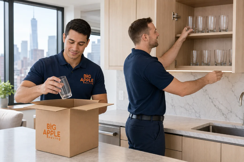 Big Apple Moving crew member unpacking boxes in an NYC apartment