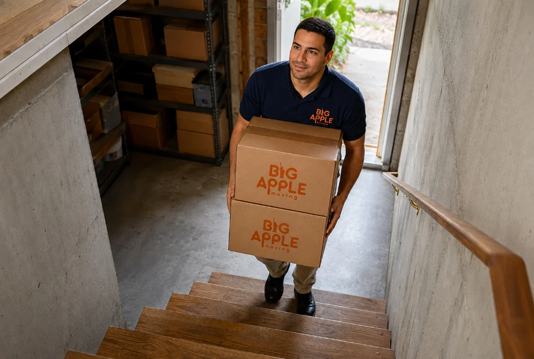 A Big Apple Moving mover in a navy polo carrying two branded cartons up the wooden stairs out of a Westchester basement
