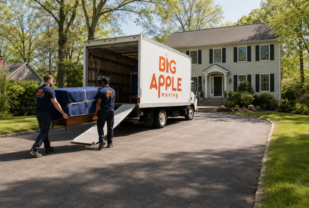 A Big Apple Moving box truck parked in the curved driveway of a Westchester colonial house while two movers load a blanket-wrapped sofa up the ramp