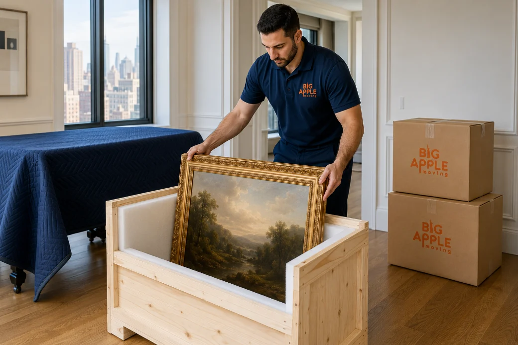 Big Apple Moving crew member fitting a framed painting into a custom wood crate in a NYC apartment