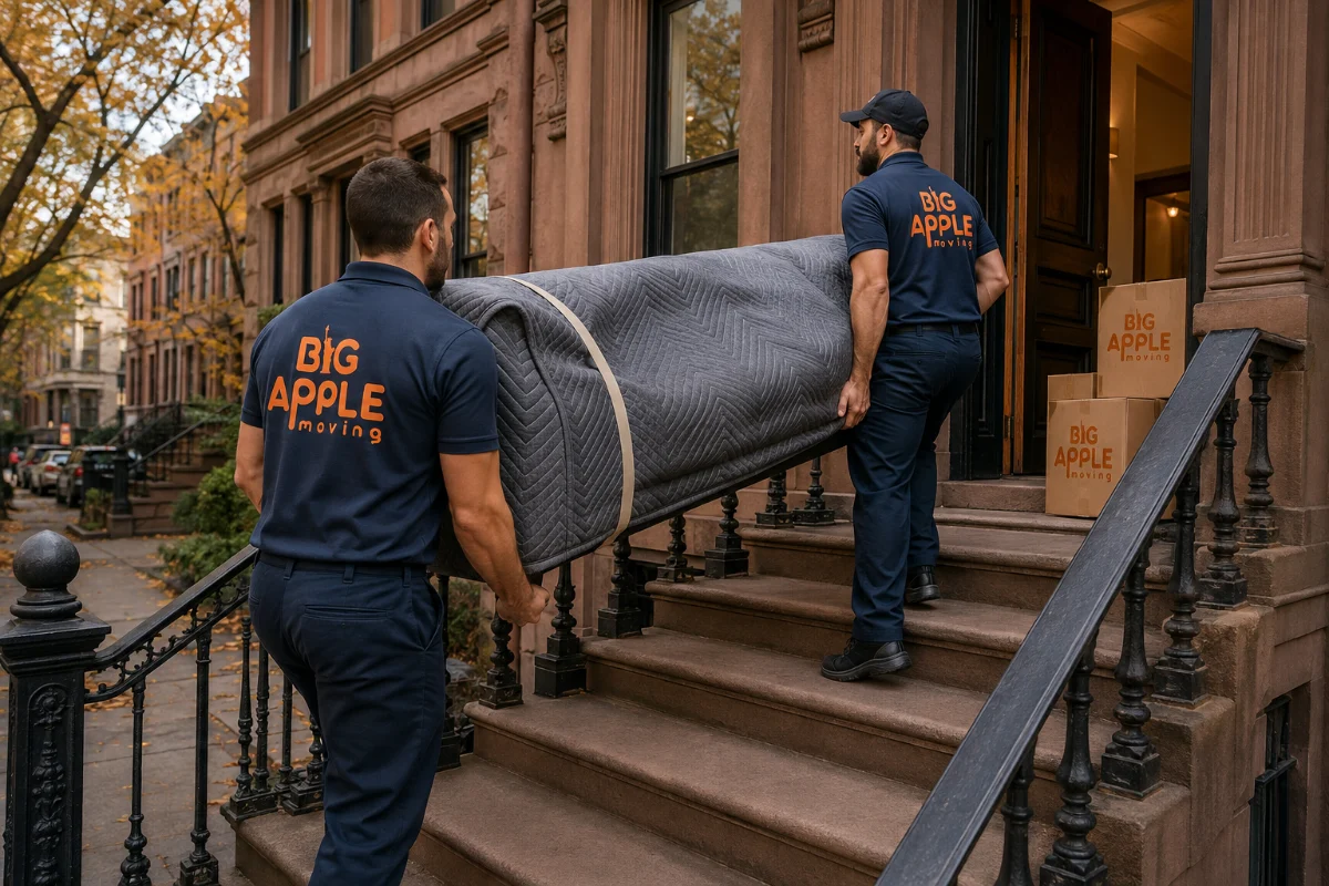 Movers carrying wrapped furniture down Williamsburg brownstone steps
