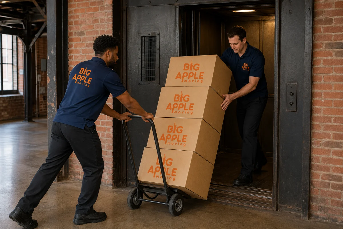 Big Apple Moving crew loading a Williamsburg loft freight elevator