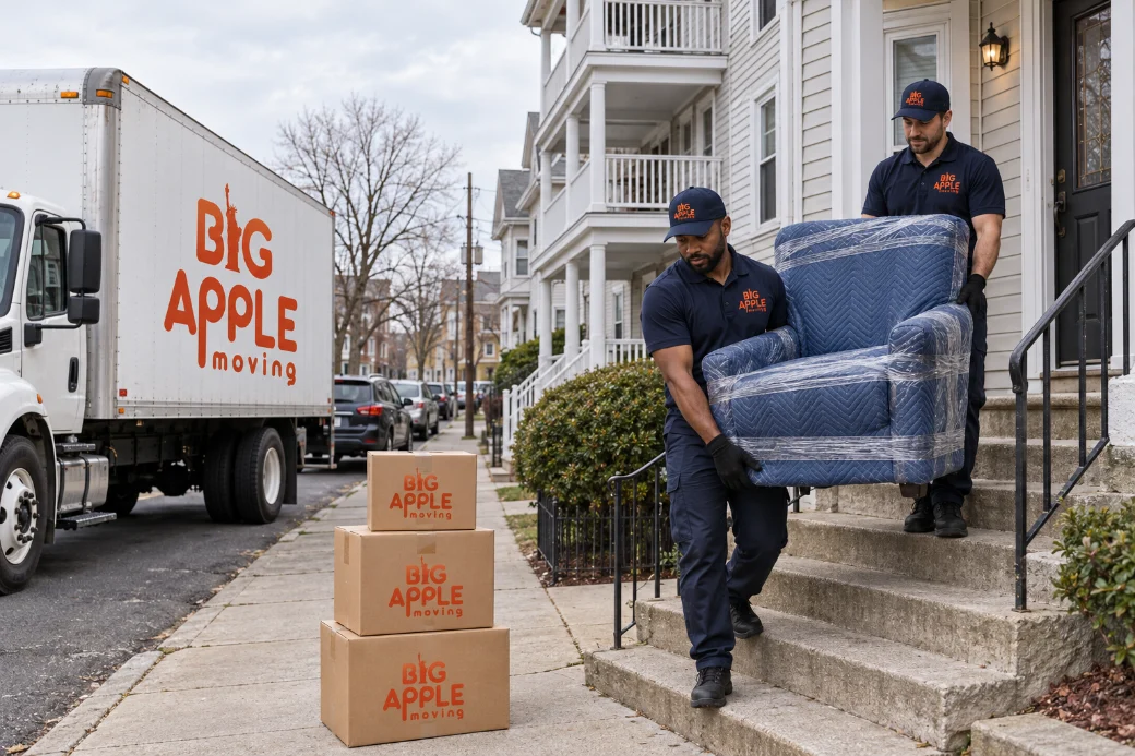 Big Apple Moving crew unloading branded cartons from a box truck on a residential street in Bridgeport CT