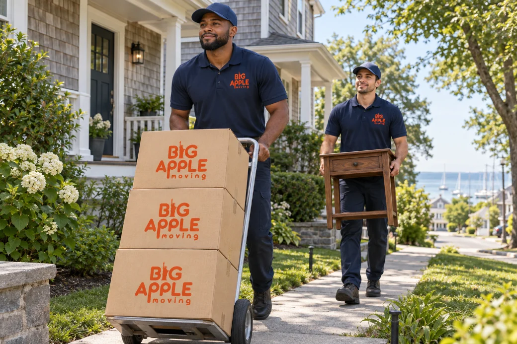 Big Apple Moving crew carrying wrapped furniture down the front steps of a three-family house, branded box truck at the curb
