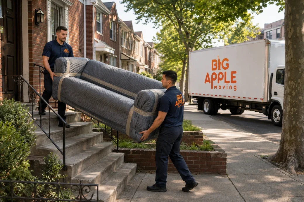 Big Apple Moving truck parked on a residential street of small detached homes with a street sign in the foreground