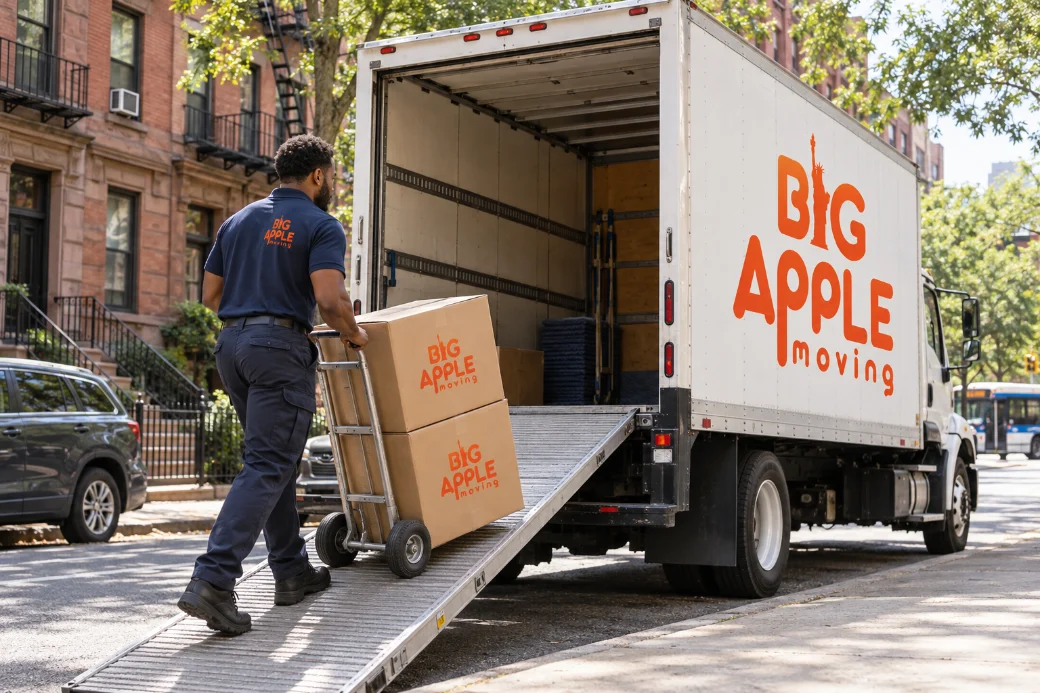 Big Apple Moving truck parked on a Harlem side street off 125th Street while movers load furniture