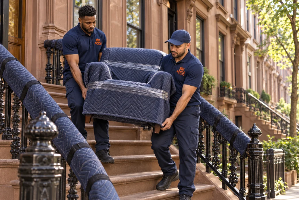 Big Apple Moving crew carrying wrapped furniture down the stoop of a Harlem brownstone