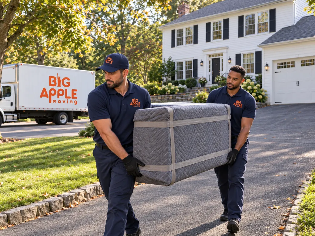 Two movers in navy Big Apple Moving polos carrying a blanket-wrapped dresser up a colonial home’s driveway