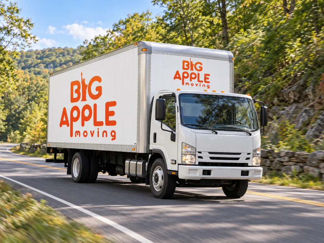 Big Apple Moving box truck driving a tree-lined two-lane Connecticut state road