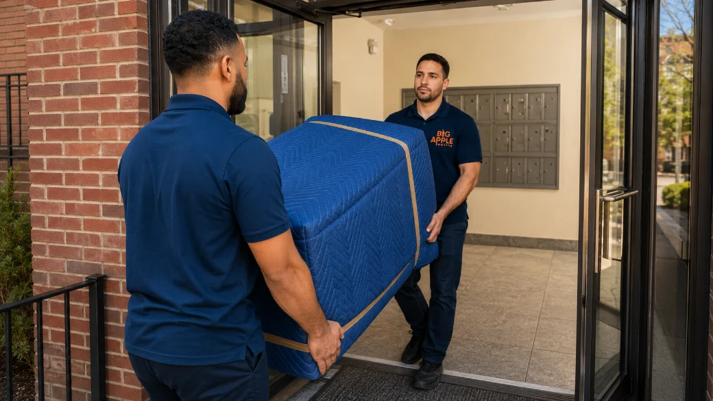 Two Big Apple Moving crew members in navy uniforms carry padded furniture through the entrance of a brick apartment building