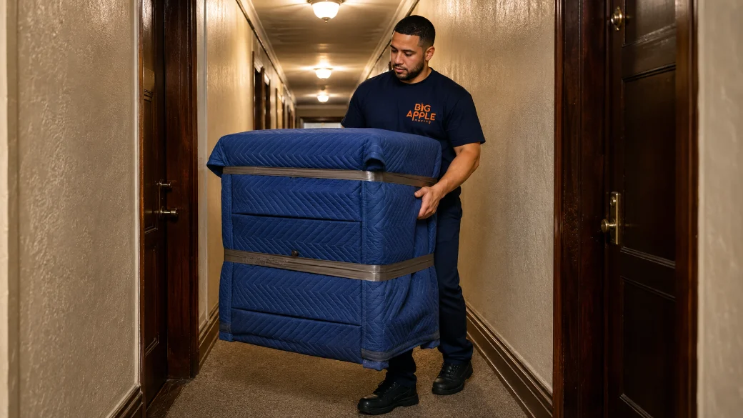 Big Apple Moving crew member in navy uniform carefully carries wrapped furniture through a carpeted hallway of a pre-war Norwood Bronx apartment building